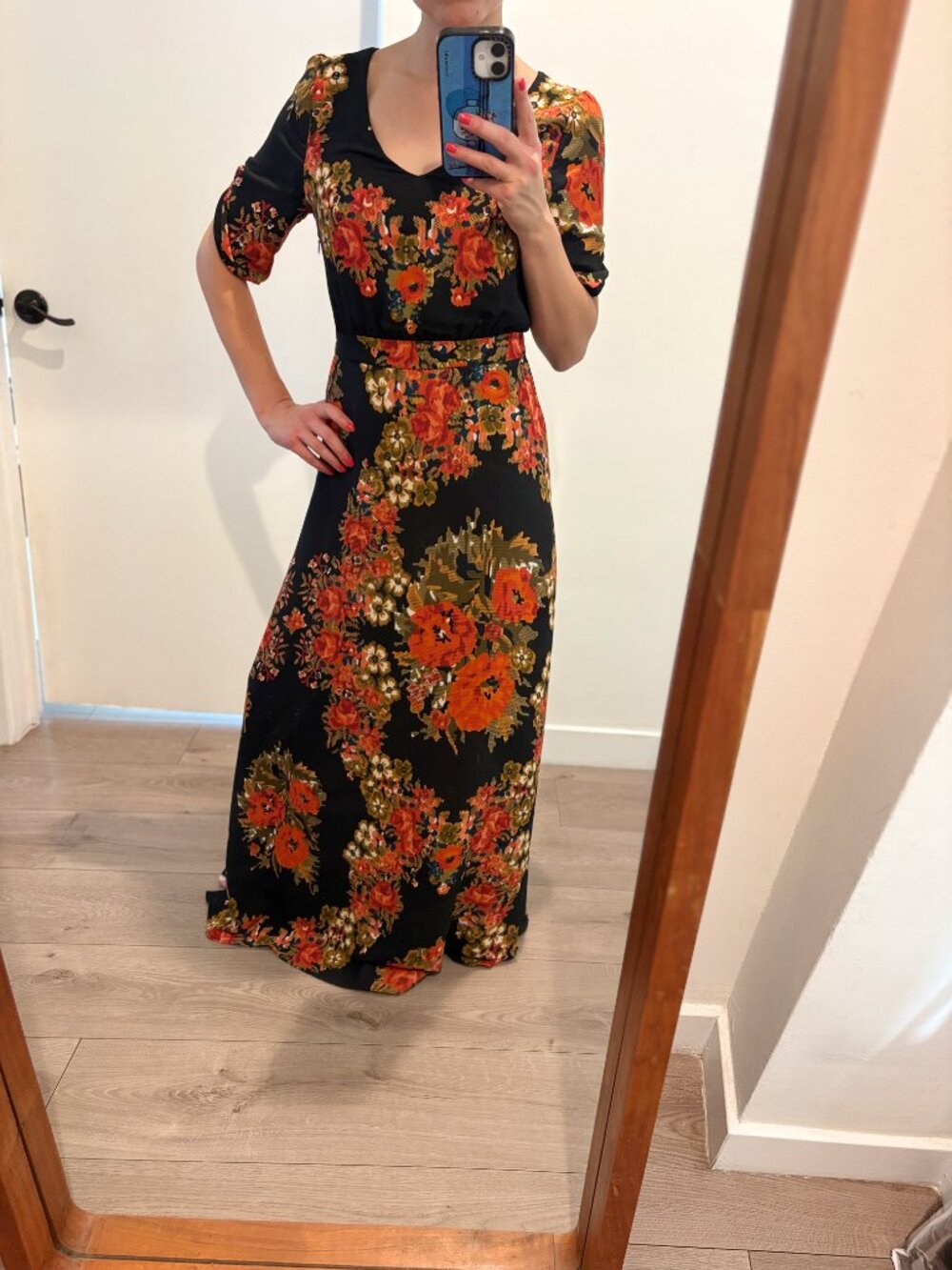 Anthropologie Black Maxi Dress with Orange & Gold Floral Print - Picture 3 of 7
